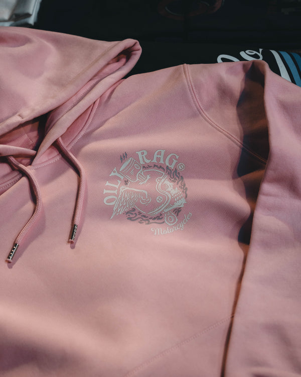 Flaming Helmet Pullover Hoodie - Front / Back Print - Cotton Pink