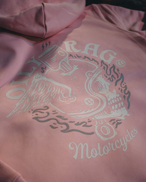 Flaming Helmet Pullover Hoodie - Front / Back Print - Cotton Pink