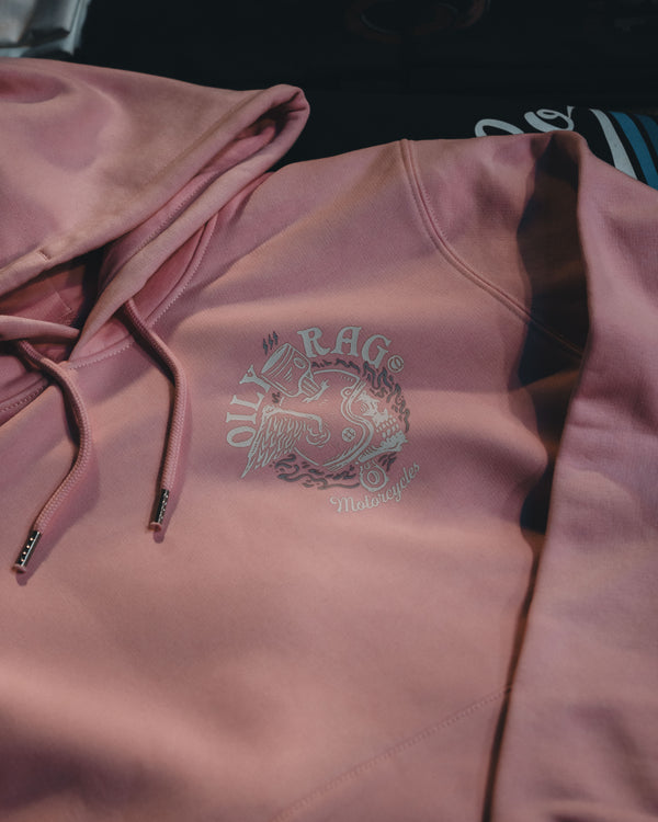 Flaming Helmet Pullover Hoodie - Front / Back Print - Cotton Pink