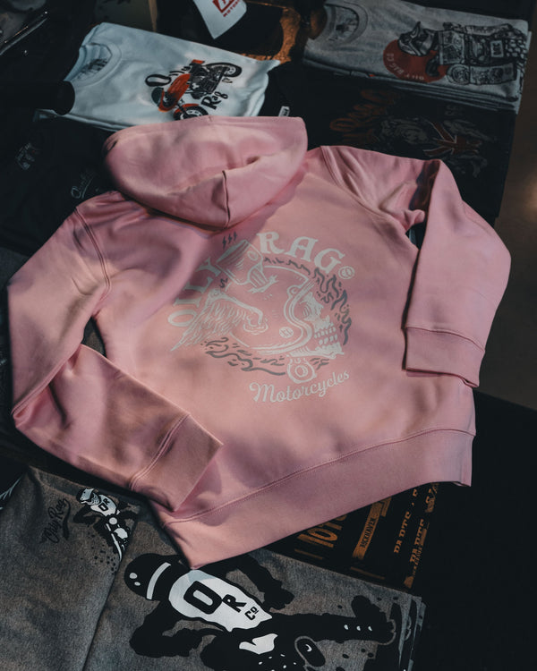 Flaming Helmet Pullover Hoodie - Front / Back Print - Cotton Pink